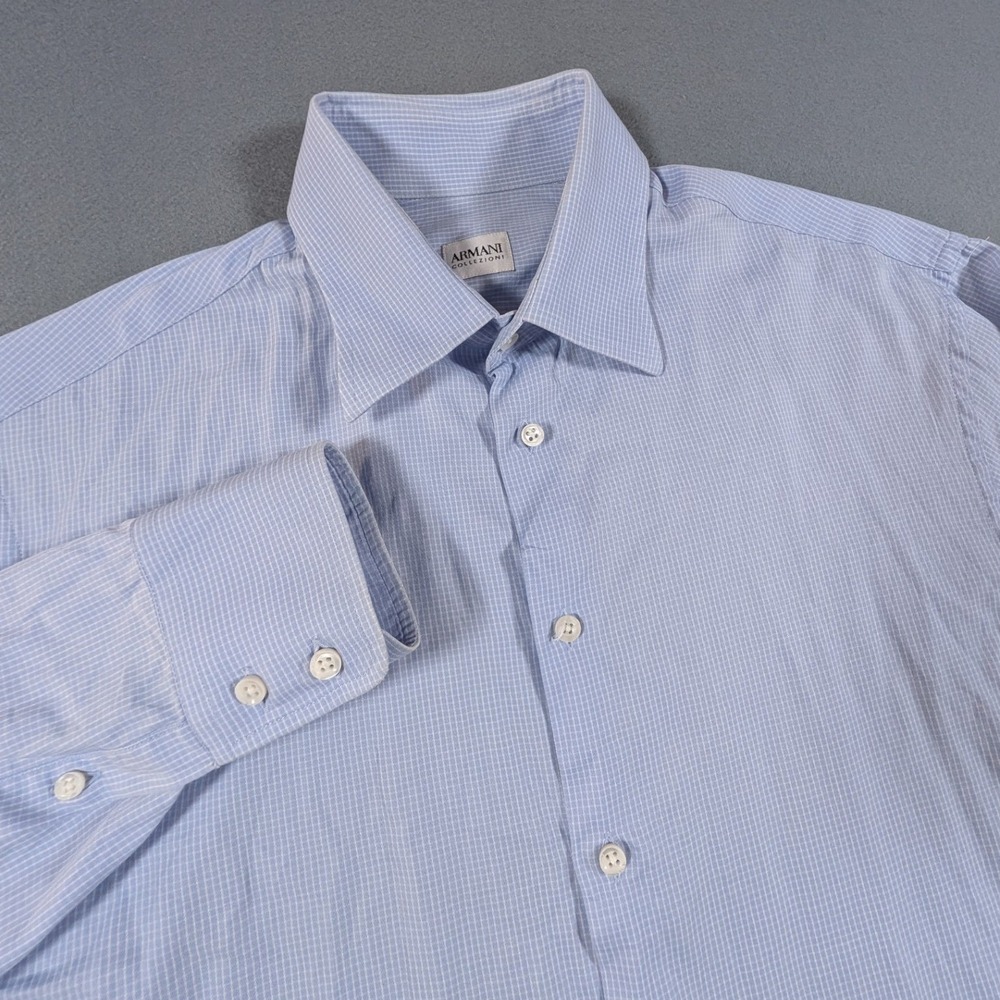 Armani Collezioni Button Down Shirt Mens 16.5 L Blue Micro Check Long Sleeve